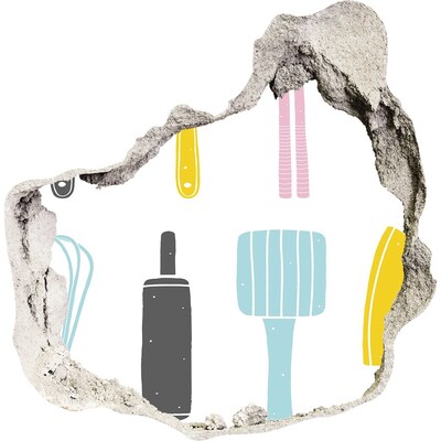 Autocolant 3D gaura cu priveliște Ustensile de bucătărie într-o gaură în perete