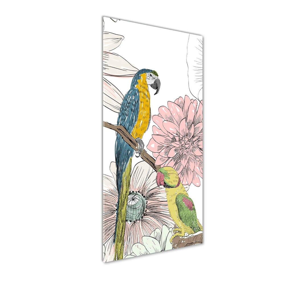 Tablou sticlă acrilică Papagalii și flori