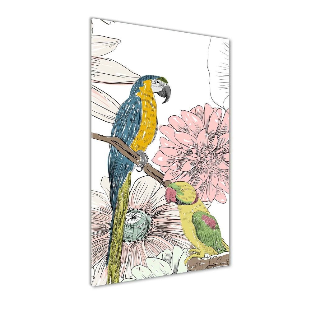 Tablou sticlă acrilică Papagalii și flori