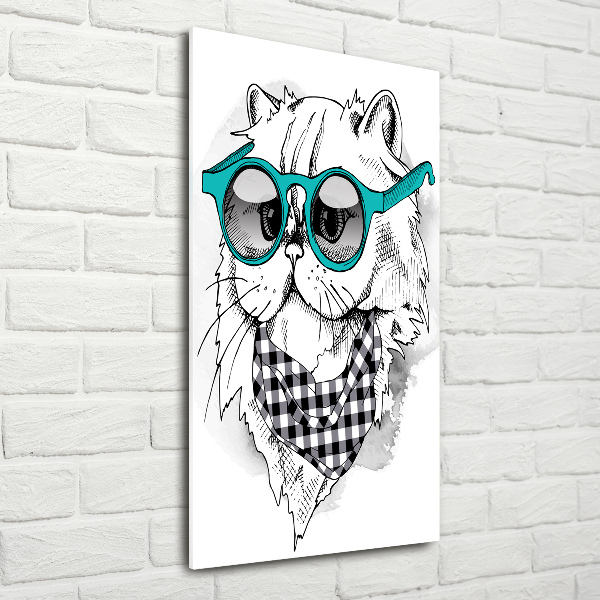 Tablou pe sticlă acrilică Cat cu ochelari
