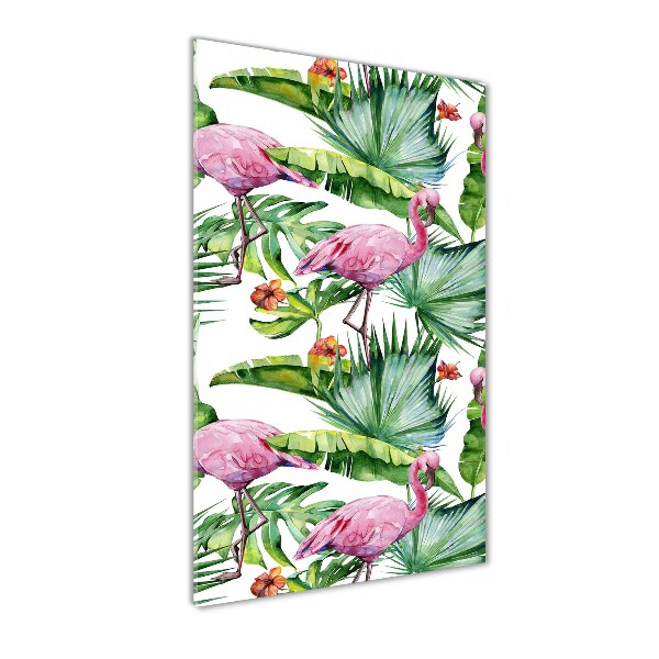 Pictura pe sticlă acrilică Frunze și flamingo