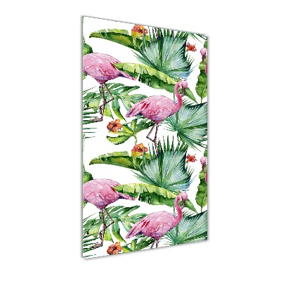 Pictura pe sticlă acrilică Frunze și flamingo
