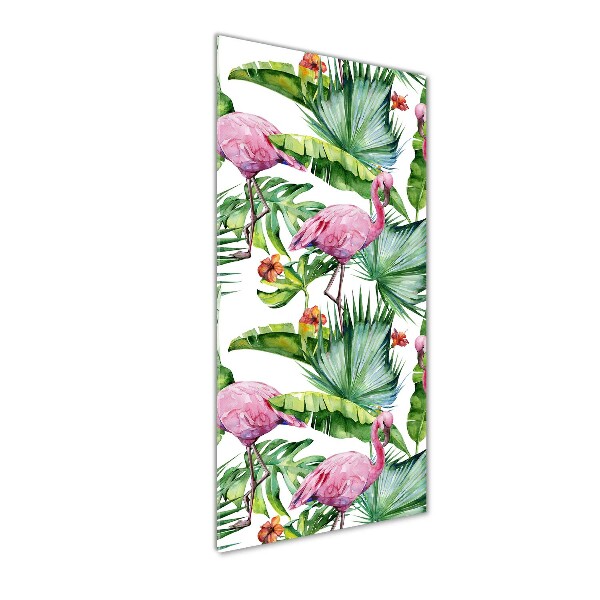 Pictura pe sticlă acrilică Frunze și flamingo