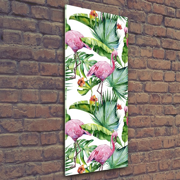 Pictura pe sticlă acrilică Frunze și flamingo