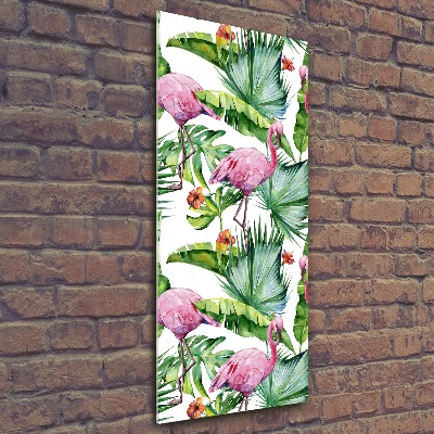 Pictura pe sticlă acrilică Frunze și flamingo