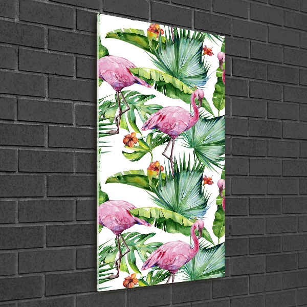 Pictura pe sticlă acrilică Frunze și flamingo