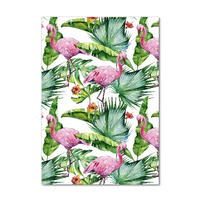 Pictura pe sticlă acrilică Frunze și flamingo