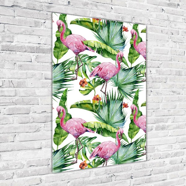 Pictura pe sticlă acrilică Frunze și flamingo