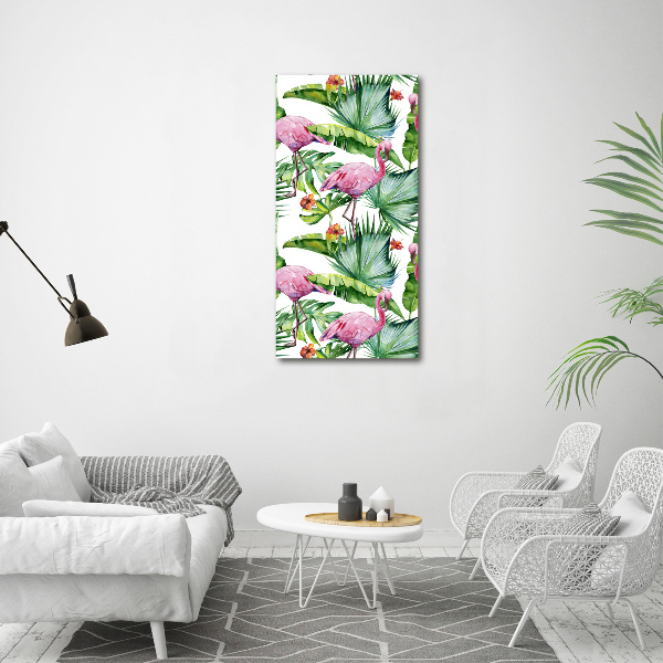 Pictura pe sticlă acrilică Frunze și flamingo