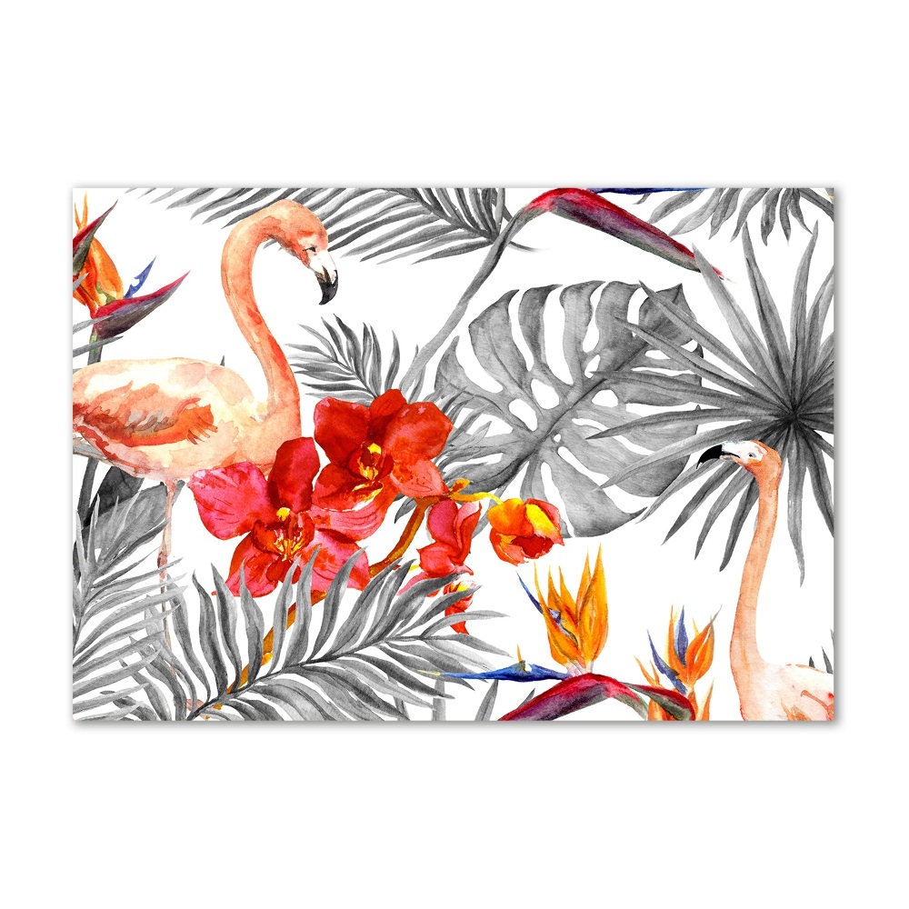 Fotografie imprimată pe sticlă Flamingos și flori