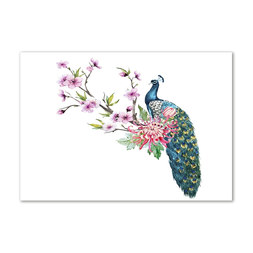 Tablou Printat Pe Sticlă Peacock și flori