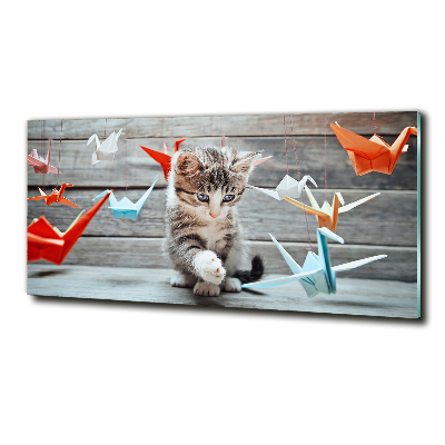 Fotografie imprimată pe sticlă Cat cu păsări de hârtie