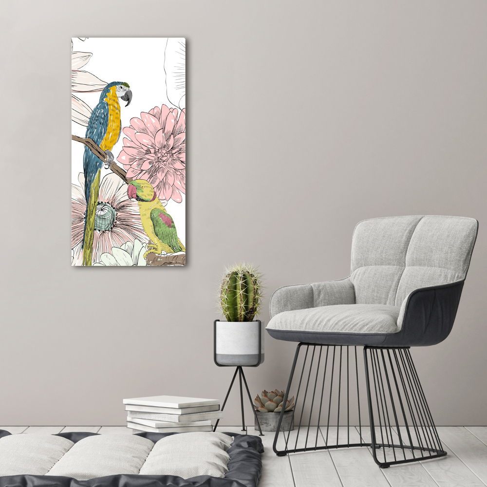 Fotografie imprimată pe sticlă Papagalii și flori