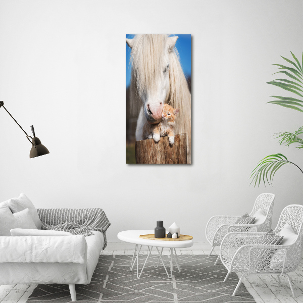 Fotografie imprimată pe sticlă cal alb cu o pisică