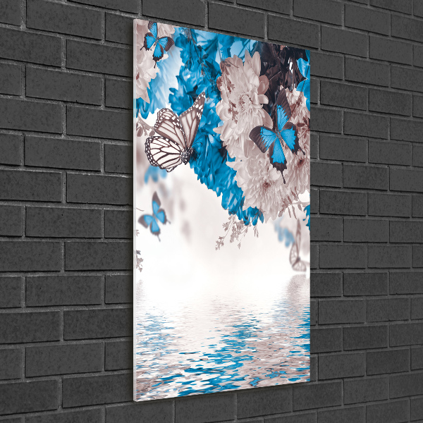 Tablou pe pe sticlă Flori și fluturi