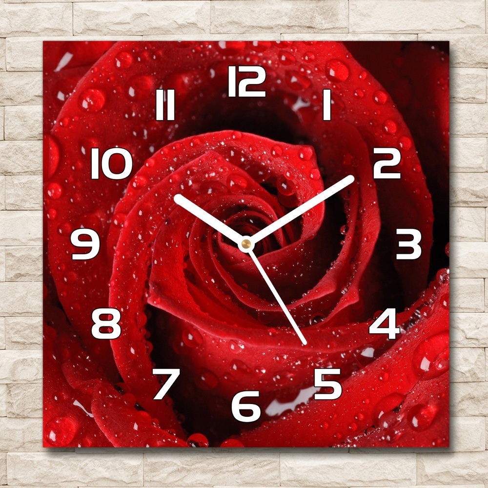 Ceas de sticlă pe perete pătrat Picaturi pe un trandafir