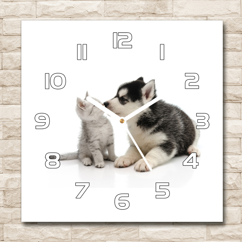 Ceas de sticlă pe perete pătrat Câine și pisică