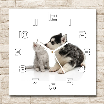 Ceas de sticlă pe perete pătrat Câine și pisică