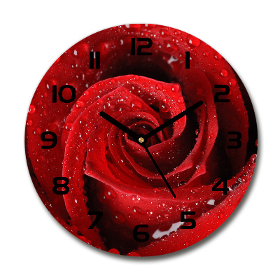 Ceas perete din sticlă rotund Picaturi pe un trandafir