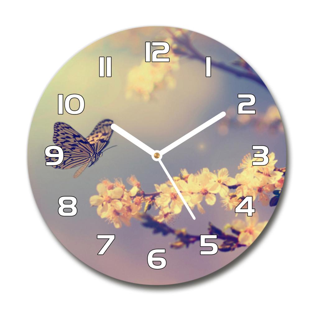 Ceas rotund de perete din sticlă Floare de cireș și fluture