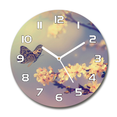 Ceas rotund de perete din sticlă Floare de cireș și fluture