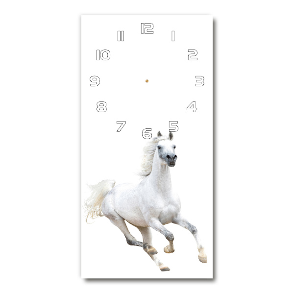 Ceas de sticlă pe perete vertical cal alb în galop