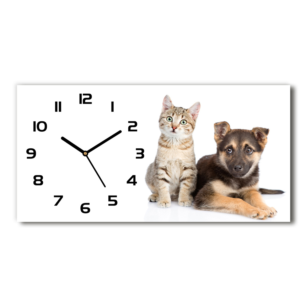 Ceas de perete orizontal din sticlă Câine și pisică