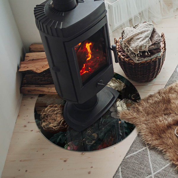 Placă rotundă din sticlă pentru șemineu Motiv floral cu fluturi