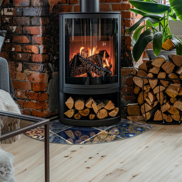 Placă semiovală din sticlă pentru șemineu Modele ceramice pe fundal