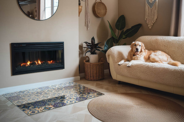 Placă dreptunghiulară din sticlă pentru șemineu Motiv mozaic cu accente florale