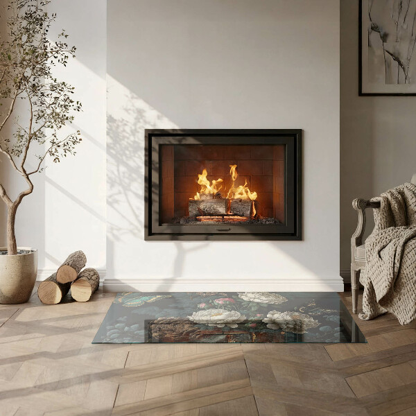 Placă dreptunghiulară din sticlă pentru șemineu Motiv floral cu fluturi