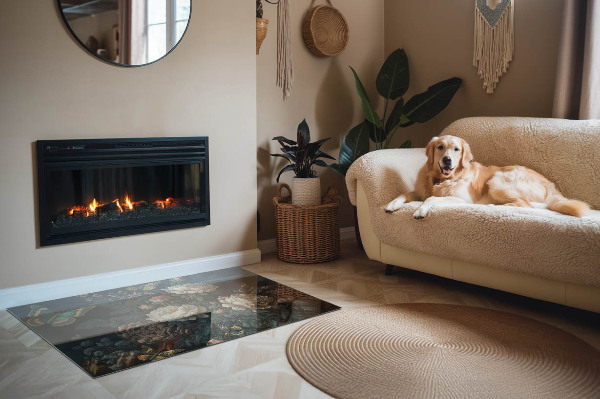 Placă dreptunghiulară din sticlă pentru șemineu Motiv floral cu fluturi