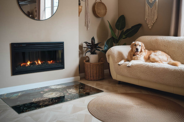 Placă dreptunghiulară din sticlă pentru șemineu Motiv floral cu fluturi