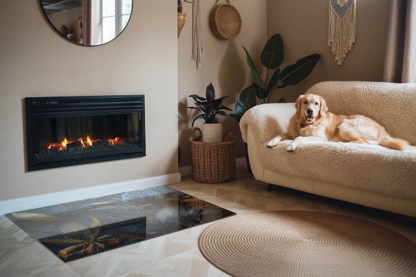 Placă dreptunghiulară din sticlă pentru șemineu Frunze elegante în structură