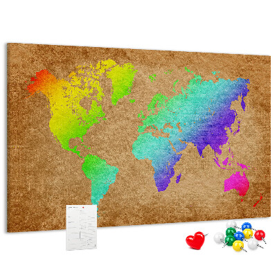 Panou de pluta Hartă a lumii colorată pe fundal maro