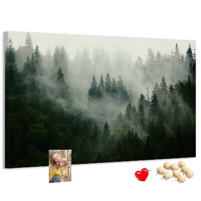 Panou de pluta O pădure încețoșată cu o atmosferă misterioasă.