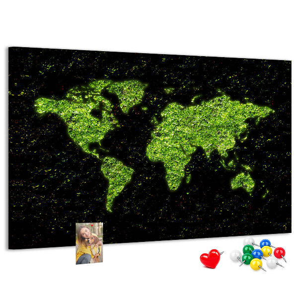 Panou de pluta Hartă verde a lumii pe fundal negru