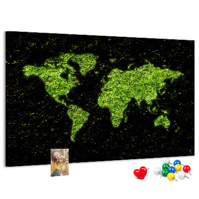 Panou de pluta Hartă verde a lumii pe fundal negru
