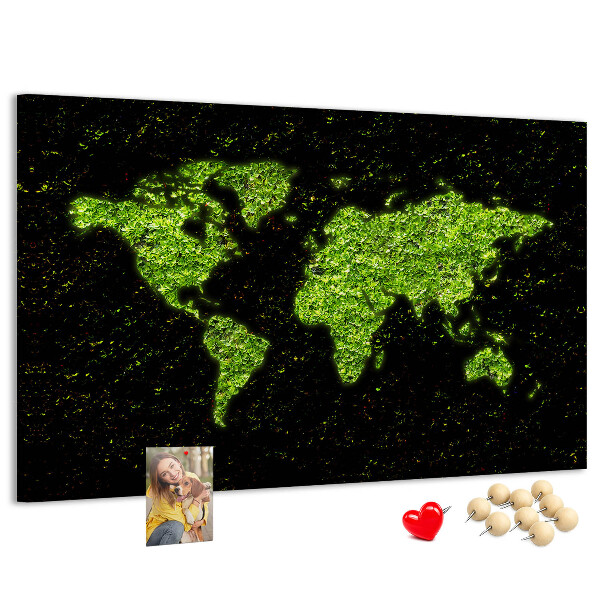 Panou de pluta Hartă verde a lumii pe fundal negru
