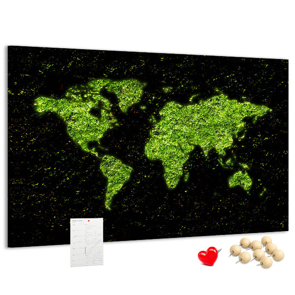 Panou de pluta Hartă verde a lumii pe fundal negru
