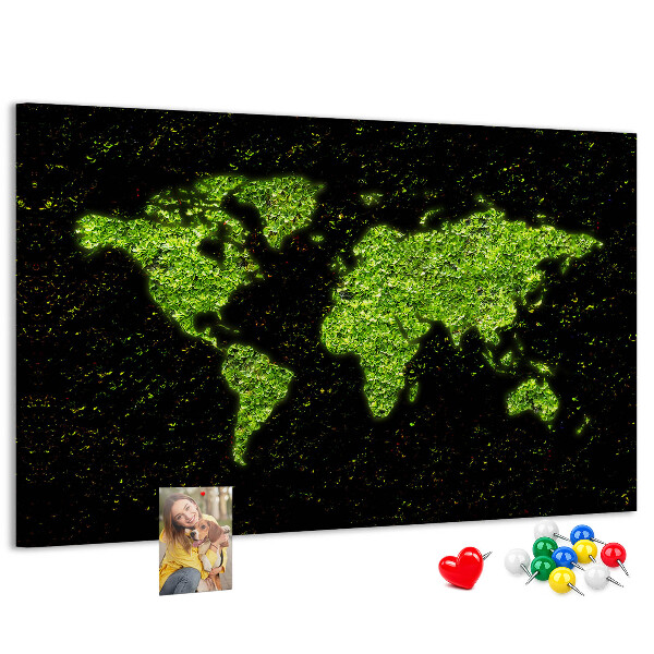 Panou de pluta Hartă verde a lumii pe fundal negru