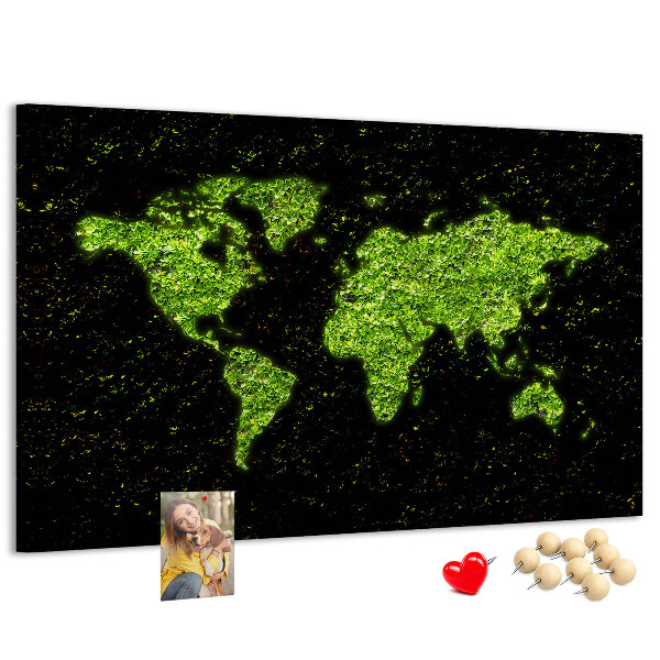 Panou de pluta Hartă verde a lumii pe fundal negru