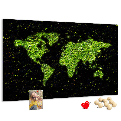 Panou de pluta Hartă verde a lumii pe fundal negru