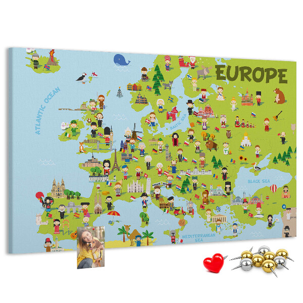 Panou de pluta O hartă colorată a Europei cu simboluri culturale