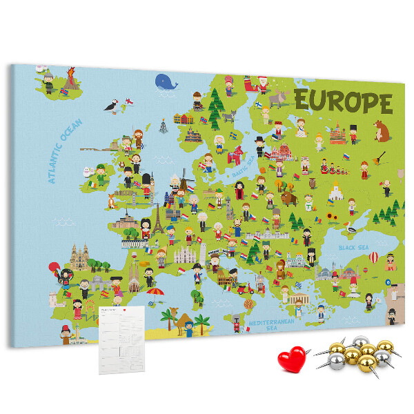 Panou de pluta O hartă colorată a Europei cu simboluri culturale