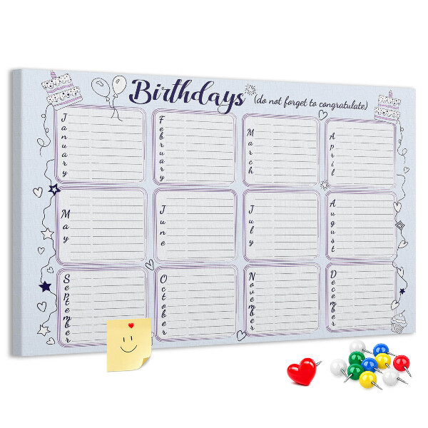 Panou din pluta Calendar de ziua de naștere cu accente colorate
