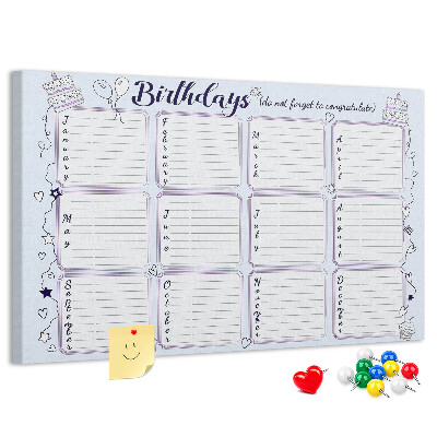 Panou din pluta Calendar de ziua de naștere cu accente colorate