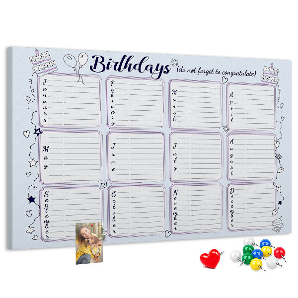 Panou din pluta Calendar de ziua de naștere cu accente colorate
