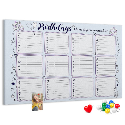 Panou din pluta Calendar de ziua de naștere cu accente colorate