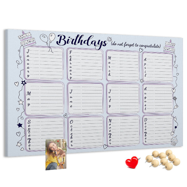Panou din pluta Calendar de ziua de naștere cu accente colorate